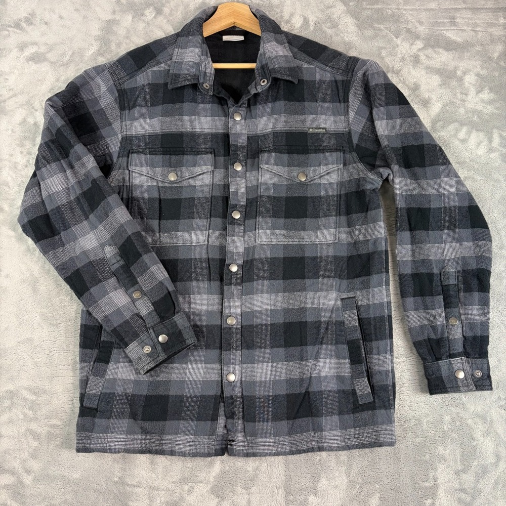 Columbia Shirt Jacket Mens Medium Gray Plaid Lined Shacket Snap Outdoors